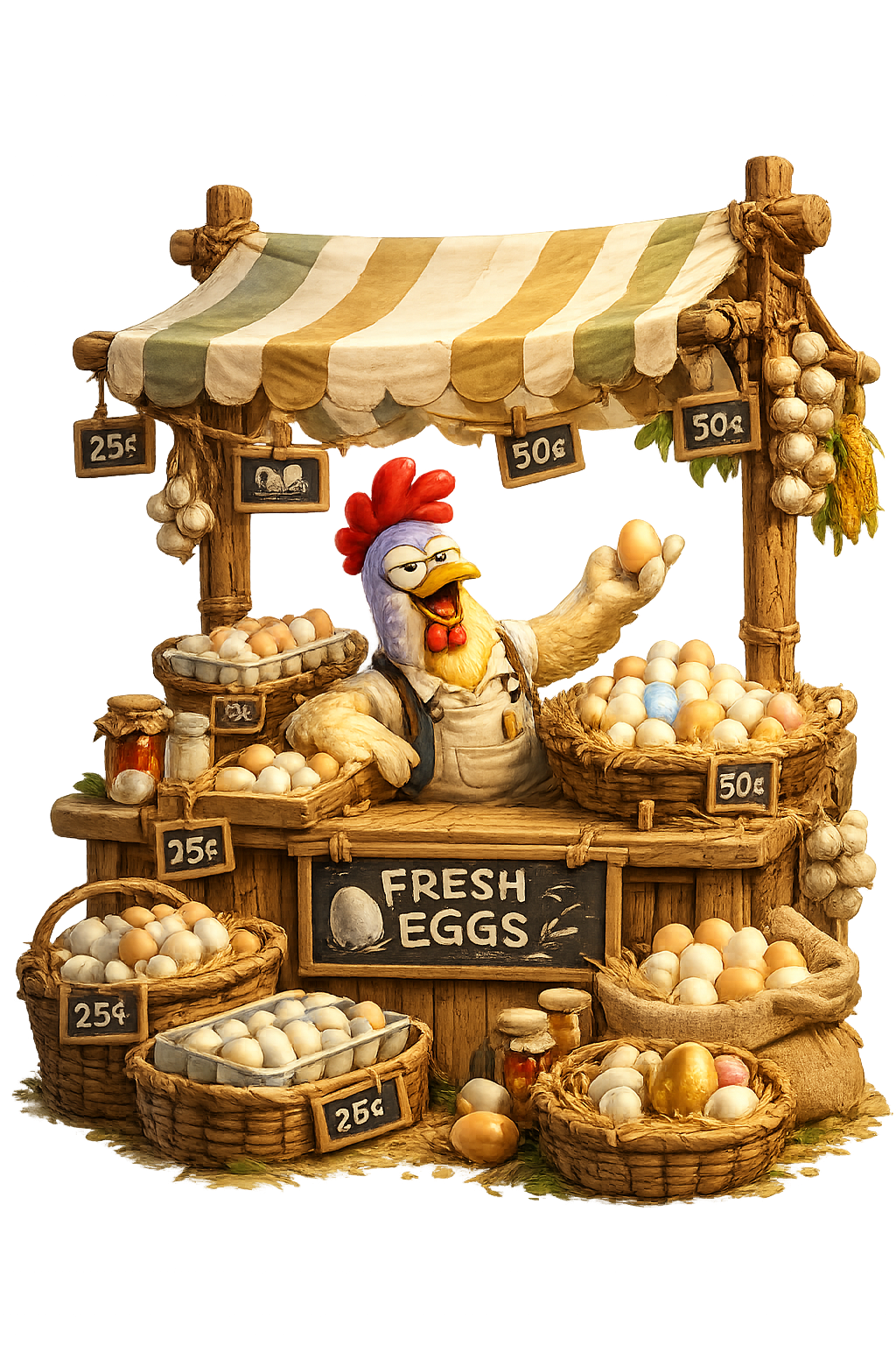 Cheerful chicken vendor selling fresh eggs at a rustic market stall
